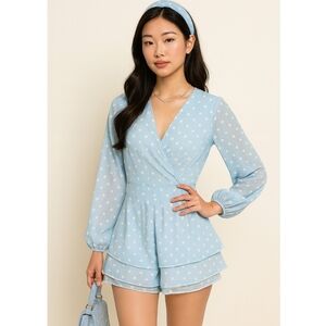 Fabulous Robin's Egg Blue Polka Dot Chiffon Romper Thigh-High Length